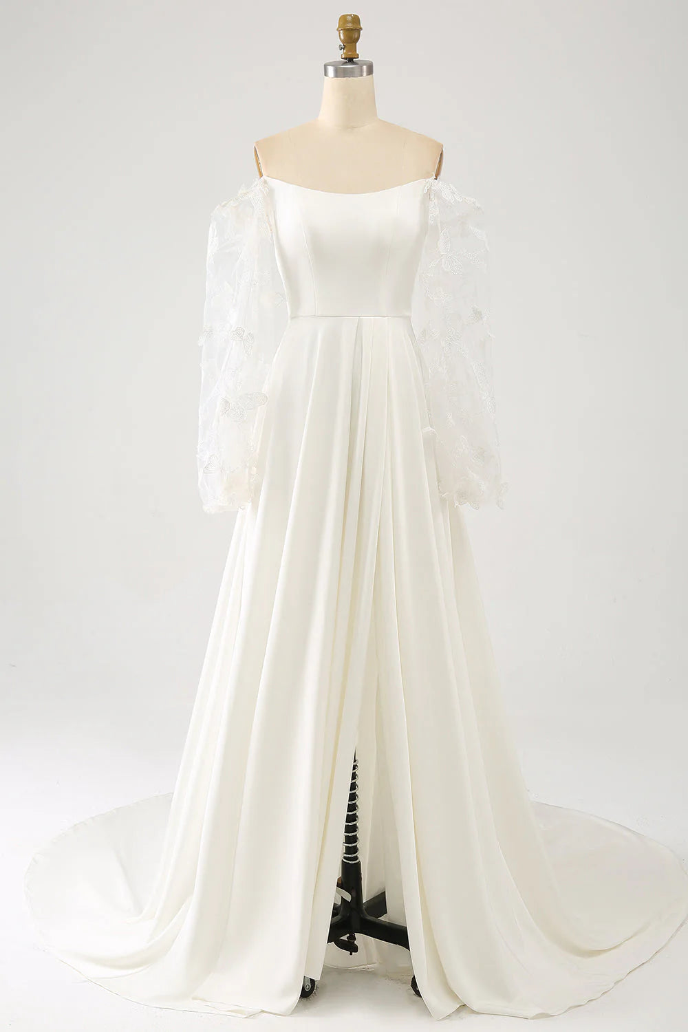Robe de mariée longue en mousseline de soie avec papillons 3D